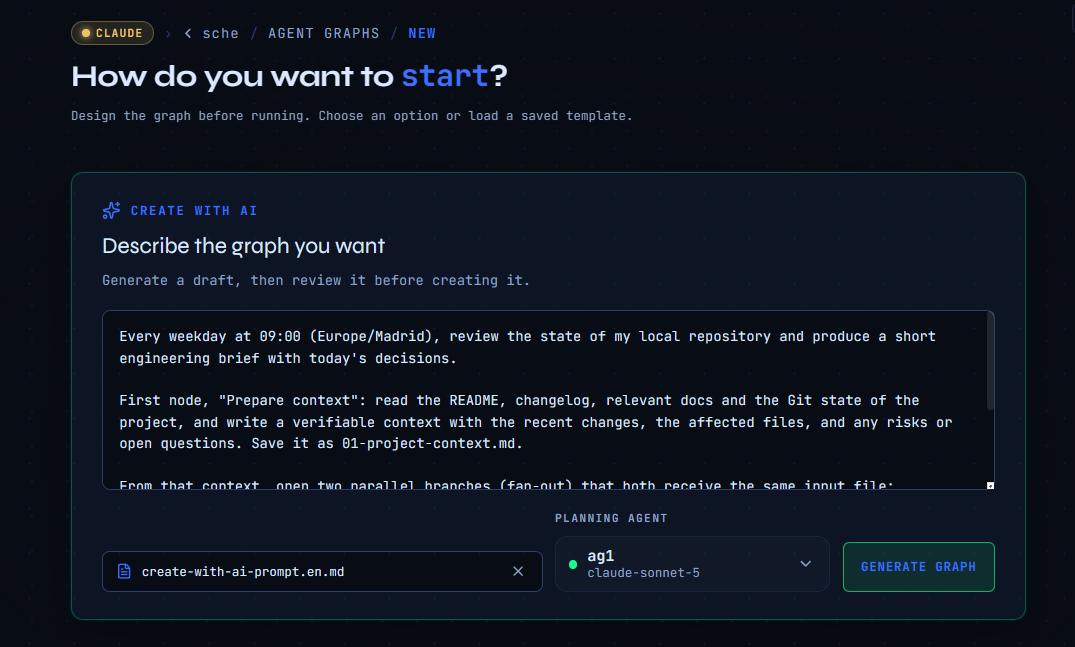 The Create with AI panel in Agent Graphs, showing the prompt textarea with the daily engineering brief description, the attach/browse options, and the Generate Graph button