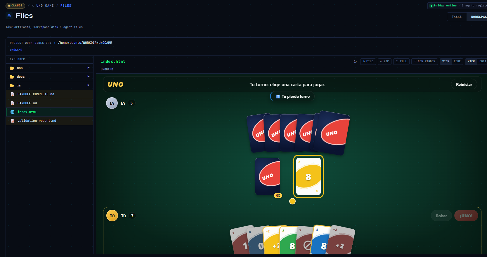 The completed UNO game running directly from index.html in the CTRL NODE workspace, with the AI opponent, the human hand, turn feedback, draw pile, and final Four-Pack handoff artifacts visible.